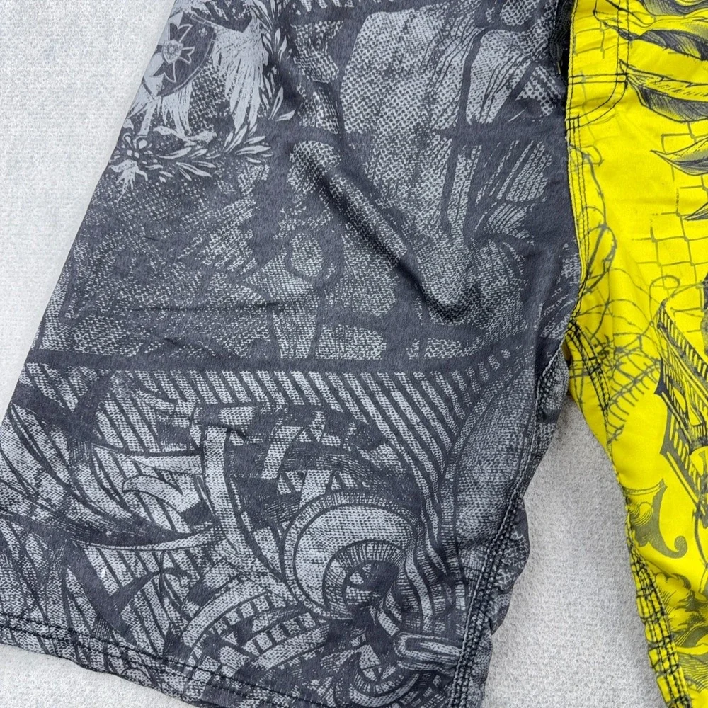 MMA Elite Board Shorts Men Large Yellow Gray Swim Trunks Skull Wings AOP Y2K